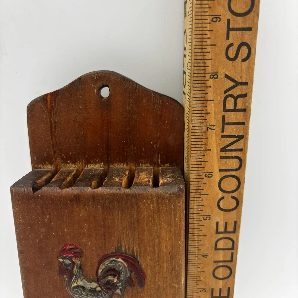 Vintage Victor Goldman Wood Knife Holder Copper Rooster Accent 5-Slots WallMount